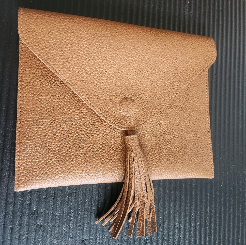 Vegan Pebble Leather Tote Bag Tassel Detail Brown Tan New Without Tags - Picture 4 of 8